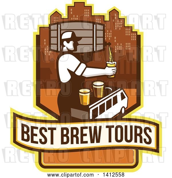 Vector Clip Art of Retro Male Bartender Putting a Beer on Top of a Brew Tour Van in a Cityscape Crest