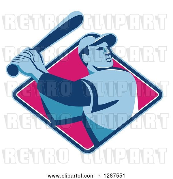 Vector Clip Art of Retro Male Baseball Player Batting Inside a Blue White and Pink Diamond
