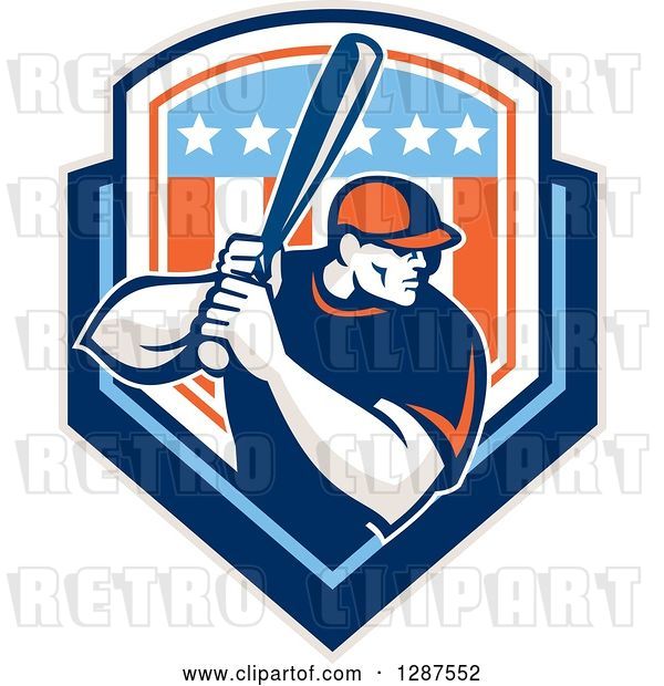 Vector Clip Art of Retro Male Baseball Player Batting Inside a Patriotic American Shield