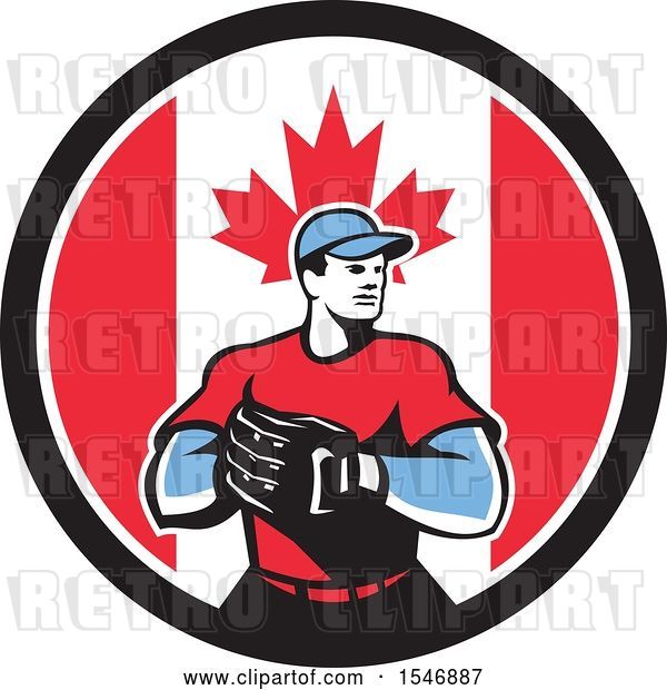 Vector Clip Art of Retro Male Baseball Player in a Canadian Flag Circle