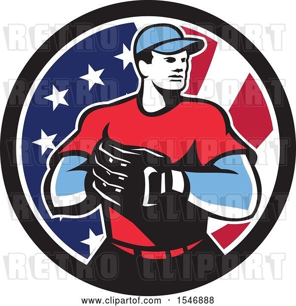 Vector Clip Art of Retro Male Baseball Player in an American Flag Circle