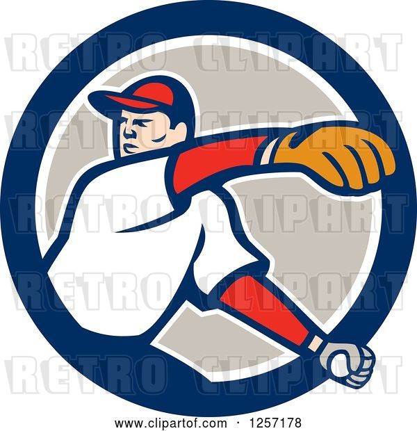 Vector Clip Art of Retro Male Baseball Player Pitching in a Blue White and Taupe Circle