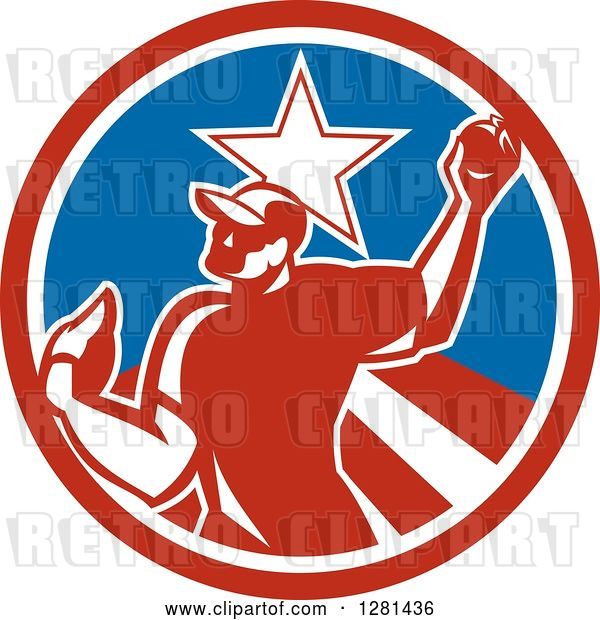 Vector Clip Art of Retro Male Baseball Player Pitching in a Red White and Blue Star Circle