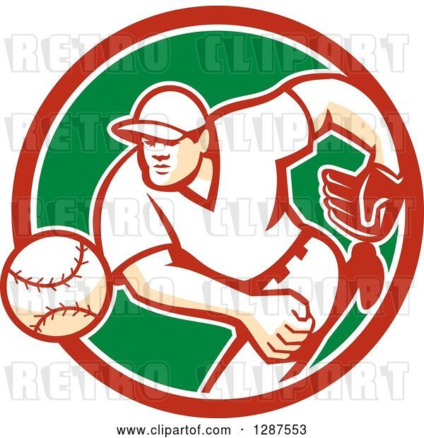 Vector Clip Art of Retro Male Baseball Player Pitching in a Red White and Green Circle