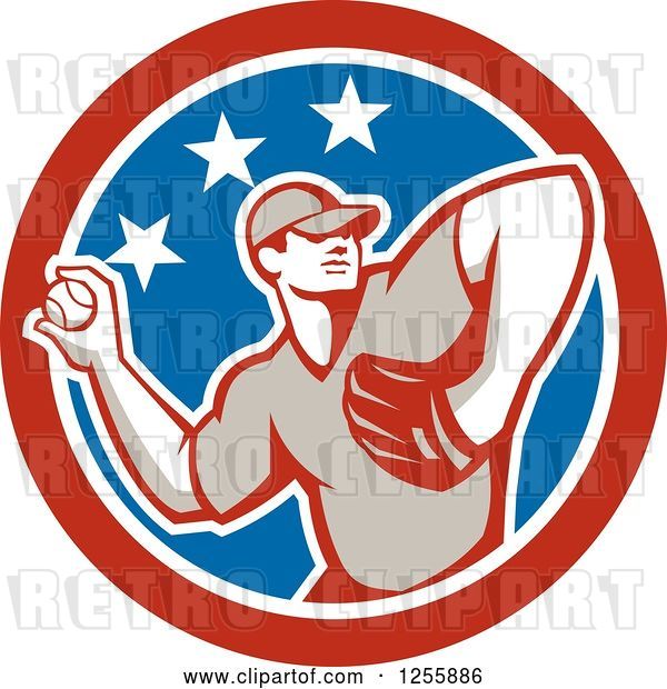 Vector Clip Art of Retro Male Baseball Player Pitching in an American Circle