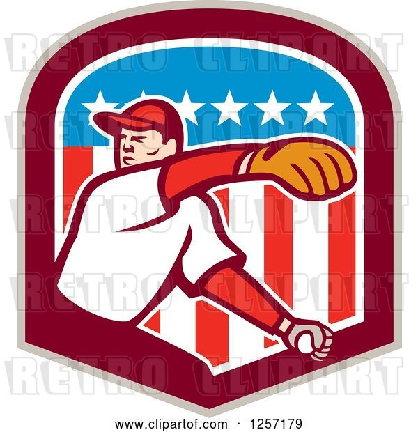 Vector Clip Art of Retro Male Baseball Player Pitching in an American Flag Shield