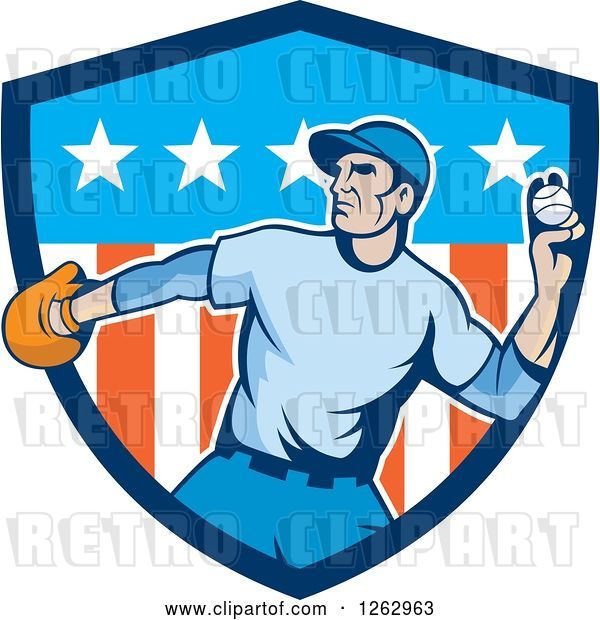 Vector Clip Art of Retro Male Baseball Player Pitching in an American Shield
