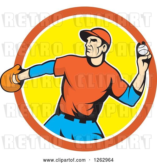 Vector Clip Art of Retro Male Baseball Player Pitching in an Orange White and Yellow Circle