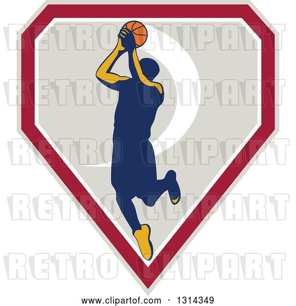 Vector Clip Art of Retro Male Basketball Player Doing a Jump Shot in a Shield