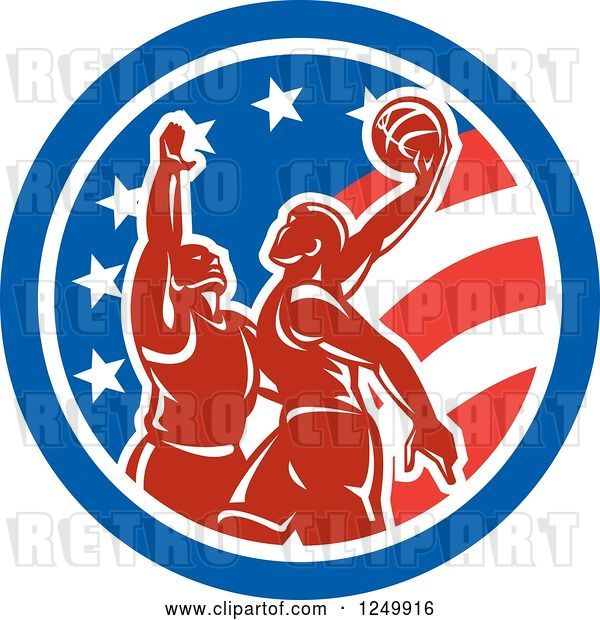 Vector Clip Art of Retro Male Basketball Players in an American Flag Circle