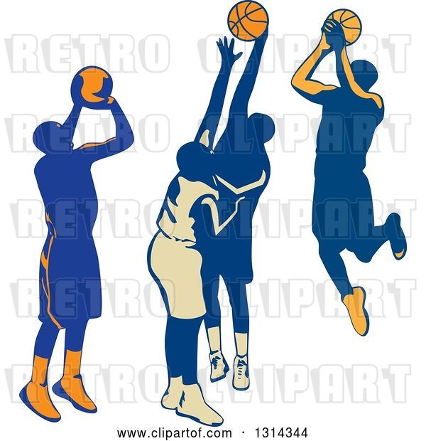 Vector Clip Art of Retro Male Basketball Players Shooting and Blocking
