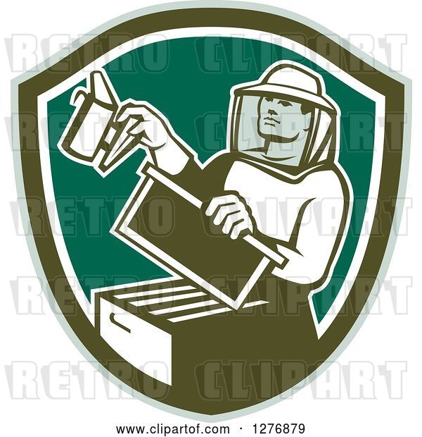 Vector Clip Art of Retro Male Beekeeper Smoking out a Hive Box in a Green and White Shield