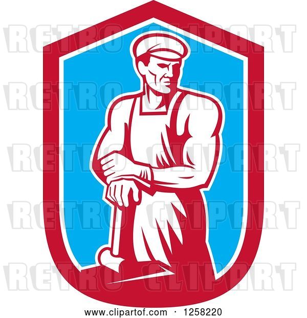 Vector Clip Art of Retro Male Blacksmith Guy with a Hammer in a Red White and Blue Shield