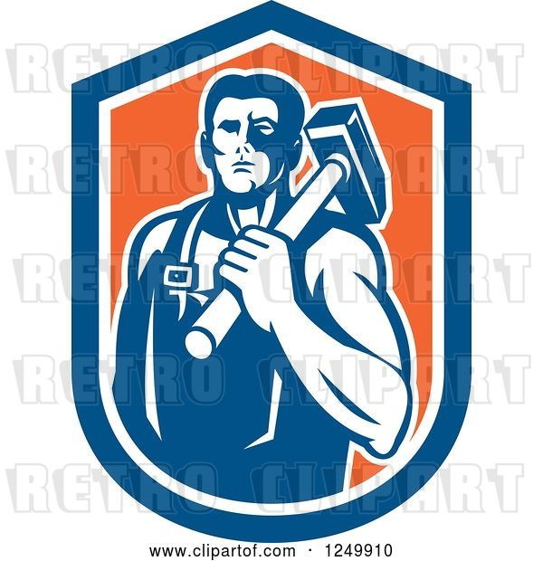 Vector Clip Art of Retro Male Blacksmith Guy with a Sledgehammer in an Orange and Blue Shield