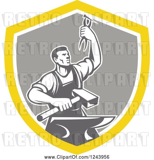 Vector Clip Art of Retro Male Blacksmith Holding up Pliers over a Sledgehammer and Anvil in a Shield