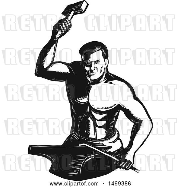Vector Clip Art of Retro Male Blacksmith in Engraving Style