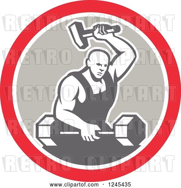 Vector Clip Art of Retro Male Blacksmith with a Hammer and Dumbbell in a Circle
