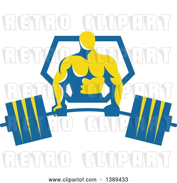 Vector Clip Art of Retro Male Bodybuilder Holding a Heavy Barbell and Emerging from a Blue and Yellow Shield