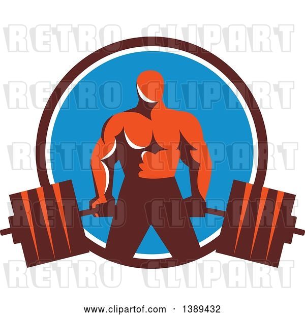 Vector Clip Art of Retro Male Bodybuilder Holding a Heavy Barbell in a Brown White and Blue Circle