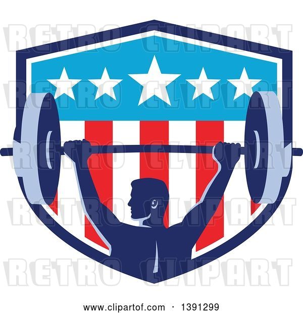Vector Clip Art of Retro Male Bodybuilder Holding a Heavy Barbell over His Head in an American Shield