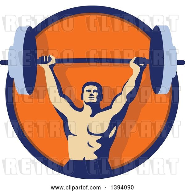 Vector Clip Art of Retro Male Bodybuilder Holding a Heavy Barbell over His Head Inside a Blue and Orange Circle