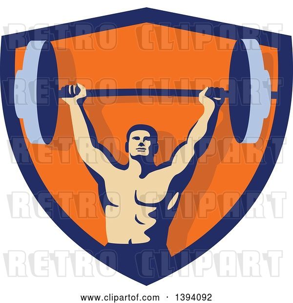 Vector Clip Art of Retro Male Bodybuilder Holding a Heavy Barbell over His Head Inside a Blue and Orange Shield