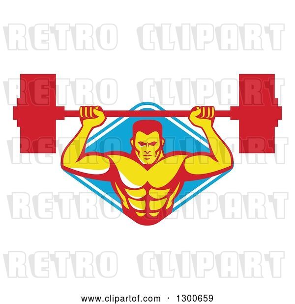 Vector Clip Art of Retro Male Bodybuilder Lifting a Barbell and Emerging from a Blue and White Diamond