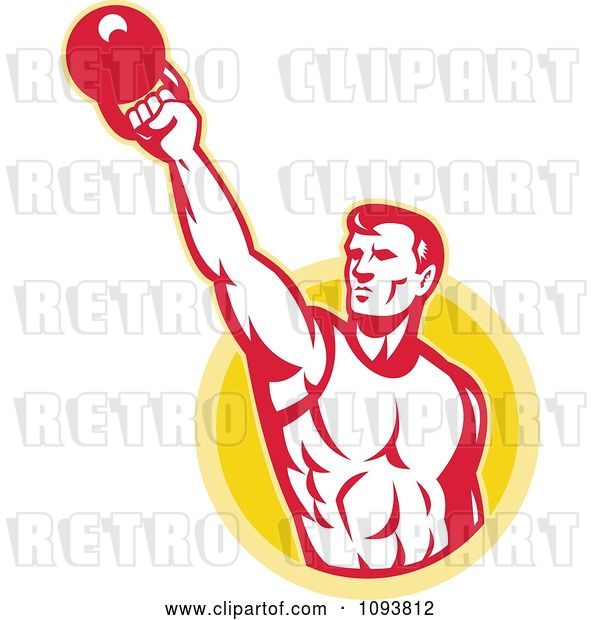 Vector Clip Art of Retro Male Bodybuilder Lifting a Kettle Bell