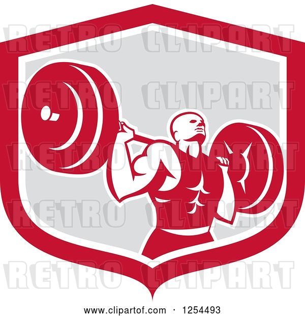 Vector Clip Art of Retro Male Bodybuilder Squatting with a Barbell in a Red and Gray Shield