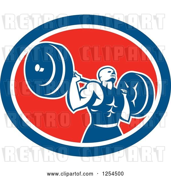 Vector Clip Art of Retro Male Bodybuilder Squatting with a Barbell in a Red White and Blue Oval