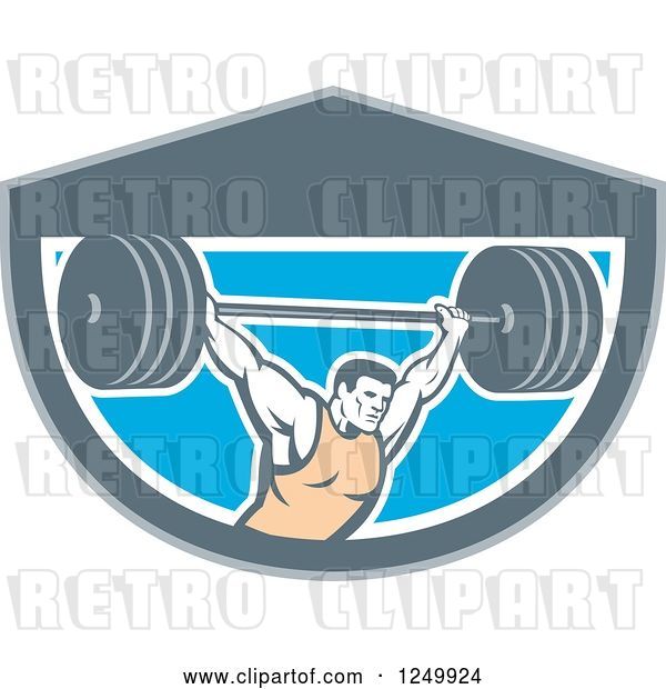 Vector Clip Art of Retro Male Bodybuilder Squatting with a Barbell in a Shield
