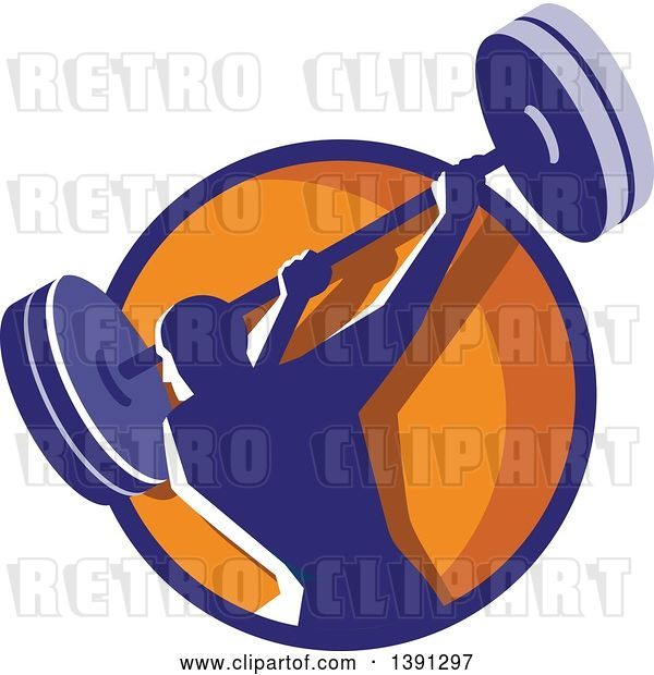 Vector Clip Art of Retro Male Bodybuilder Swinging a Barbell in a Blue and Orange Circle