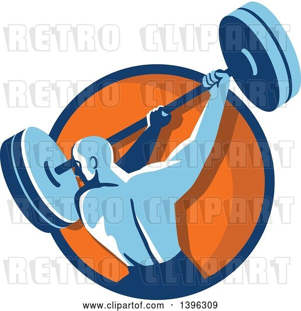 Vector Clip Art of Retro Male Bodybuilder Swinging a Barbell in a Blue and Orange Circle