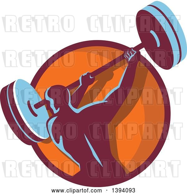 Vector Clip Art of Retro Male Bodybuilder Swinging a Barbell in a Purple and Orange Circle
