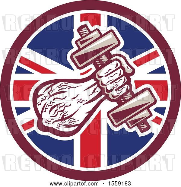 Vector Clip Art of Retro Male Bodybuilder's Arm with a Dumbbell in a British Flag Circle