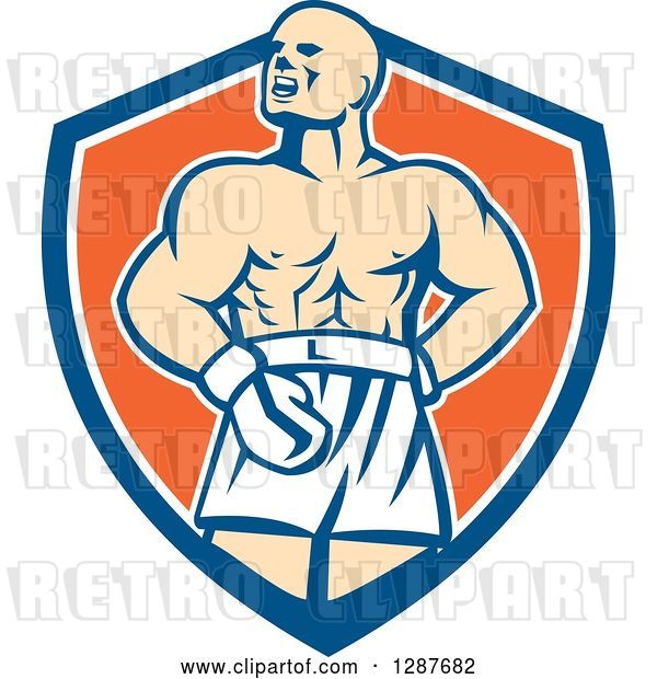 Vector Clip Art of Retro Male Boxer Champion Shouting in a Blue White and Orange Shield