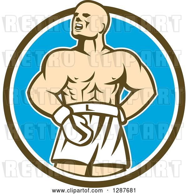 Vector Clip Art of Retro Male Boxer Champion Shouting in a Brown White and Blue Circle