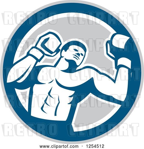 Vector Clip Art of Retro Male Boxer in a Blue Gray and White Circle