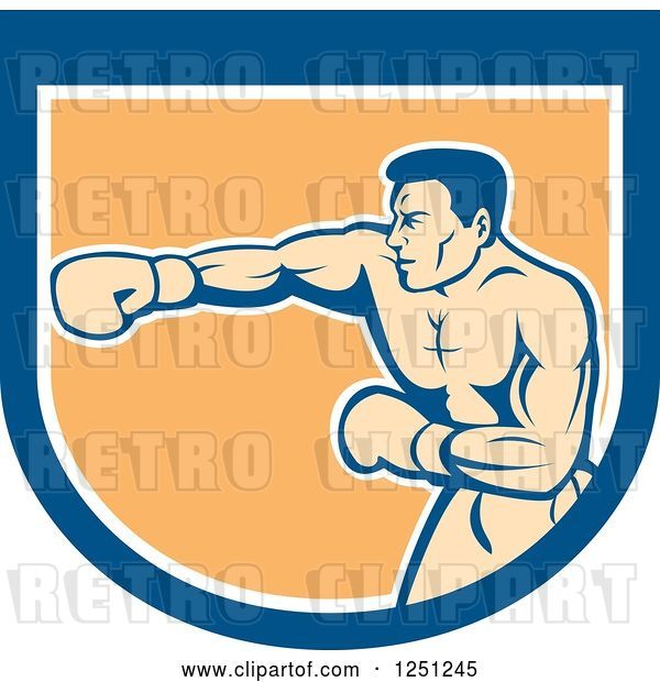 Vector Clip Art of Retro Male Boxer Punching in a Blue White and Orange Shield