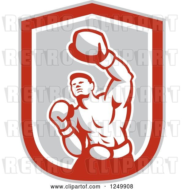 Vector Clip Art of Retro Male Boxer Punching in a Gray and Red Shield