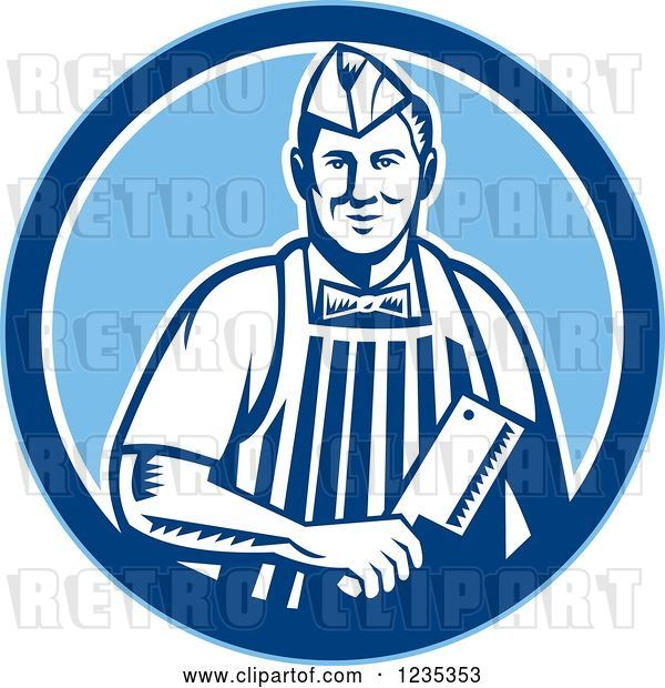 Vector Clip Art of Retro Male Butcher Holding a Meat Cleaver Knife in a Blue Circle