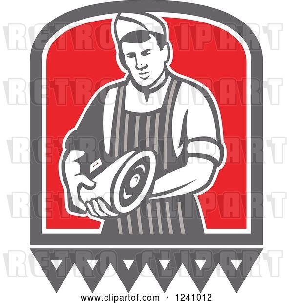 Vector Clip Art of Retro Male Butcher Holding Meat
