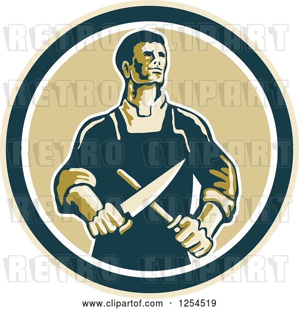 Vector Clip Art of Retro Male Butcher Sharpening a Knife in a Circle