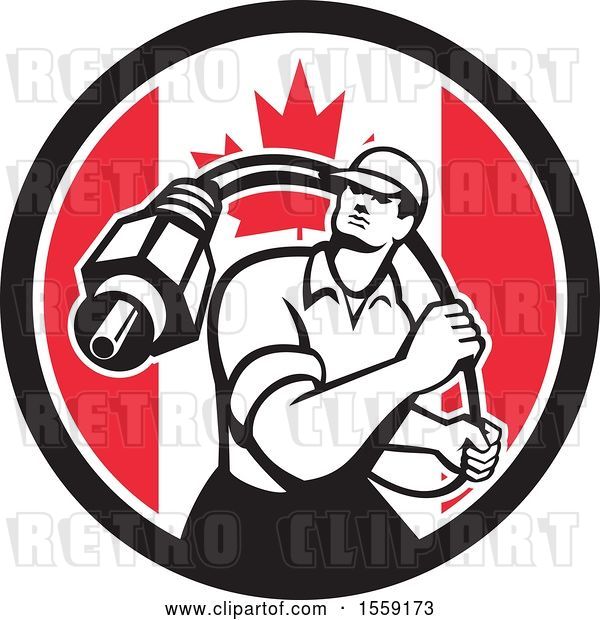 Vector Clip Art of Retro Male Cable Guy with a Coaxial Cable in a Canadian Flag Circle