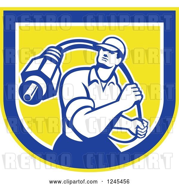 Vector Clip Art of Retro Male Cable Guy with a Coaxial Cable in a Shield