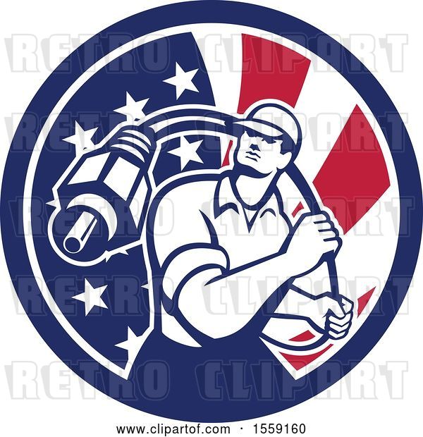 Vector Clip Art of Retro Male Cable Guy with a Coaxial Cable in an American Flag Circle