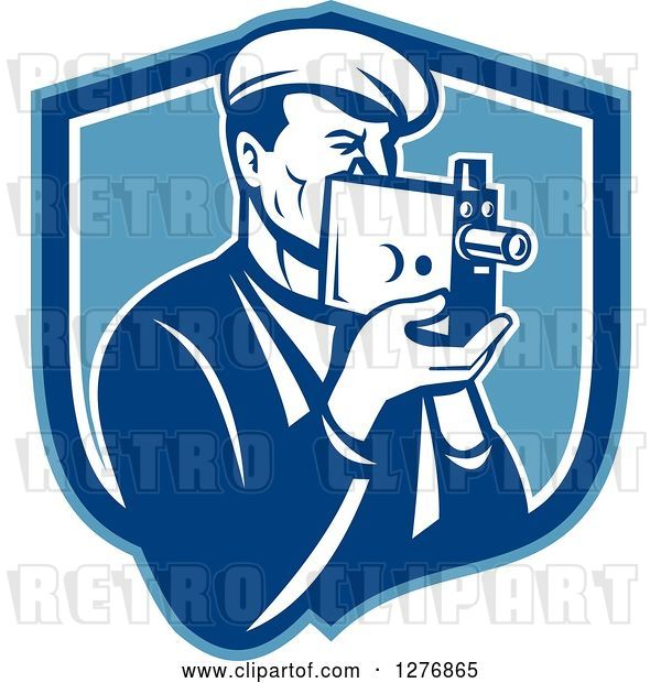 Vector Clip Art of Retro Male Camera Guy Filming in a Blue and White Shield