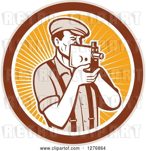 Vector Clip Art of Retro Male Camera Guy Filming in a Tan Brown White and Orange Ray Circle