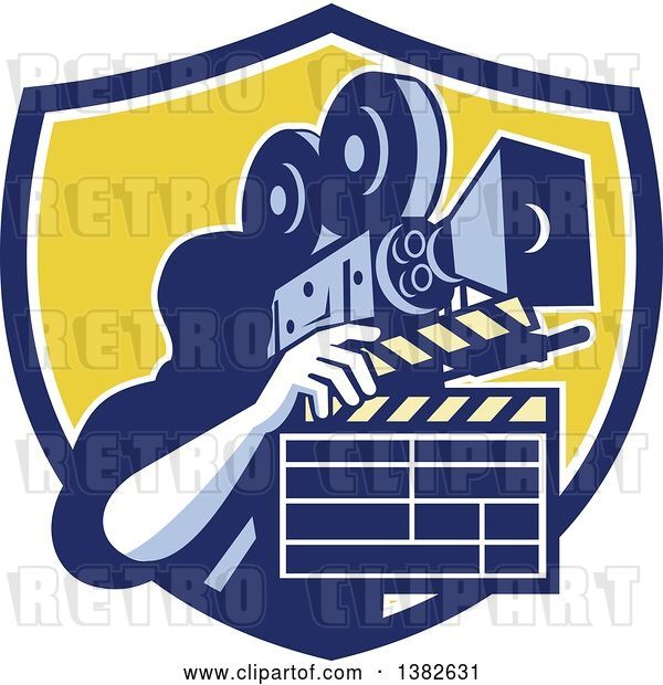 Vector Clip Art of Retro Male Cameraman Filming and Holding a Clapper in a Blue White and Yellow Shield