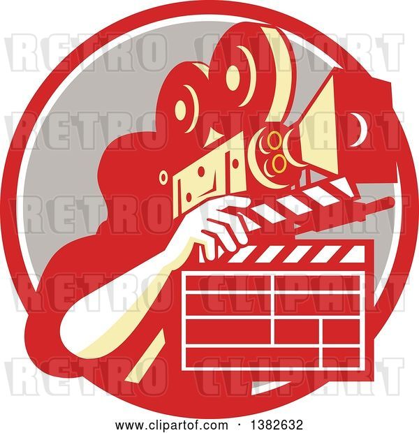 Vector Clip Art of Retro Male Cameraman Filming and Holding a Clapper in a Red White and Taupe Circle